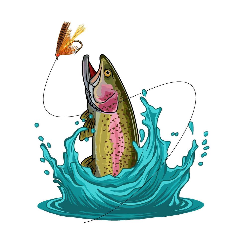 A detailed illustration capturing the precise moment a fish aggressively attacks a fishing fly. vector
