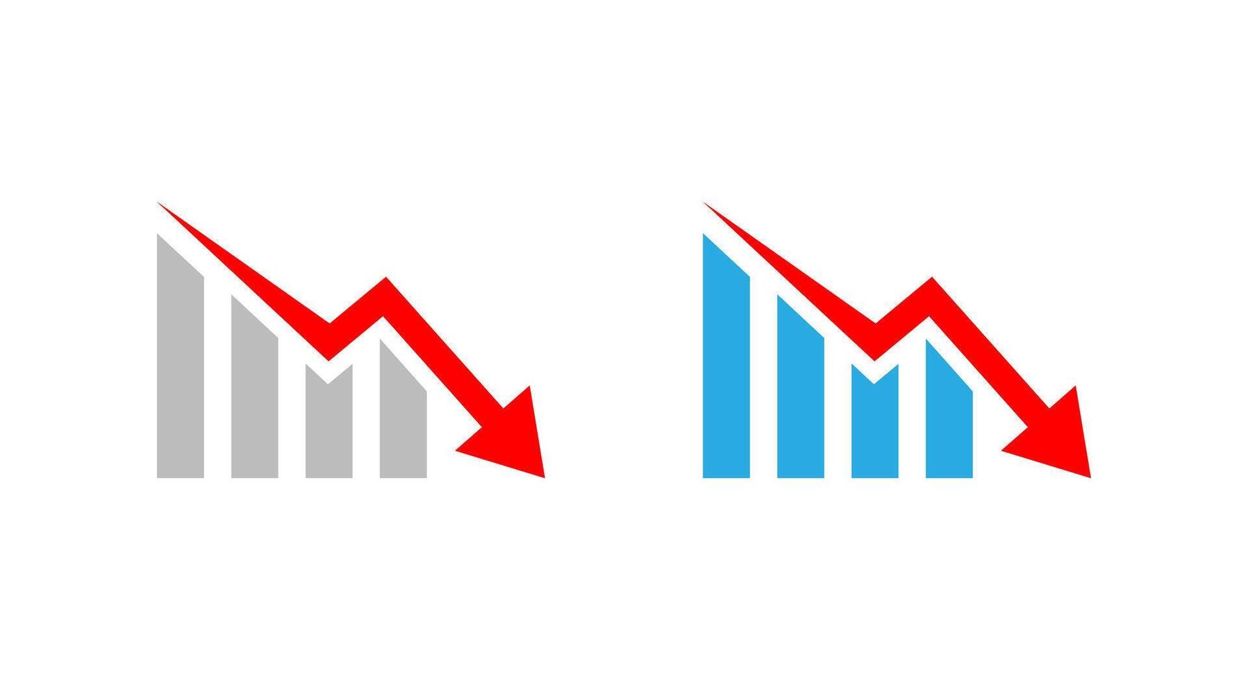 Downward trend bar chart with red arrow icon. Financial loss, decline, or economic crisis symbol vector