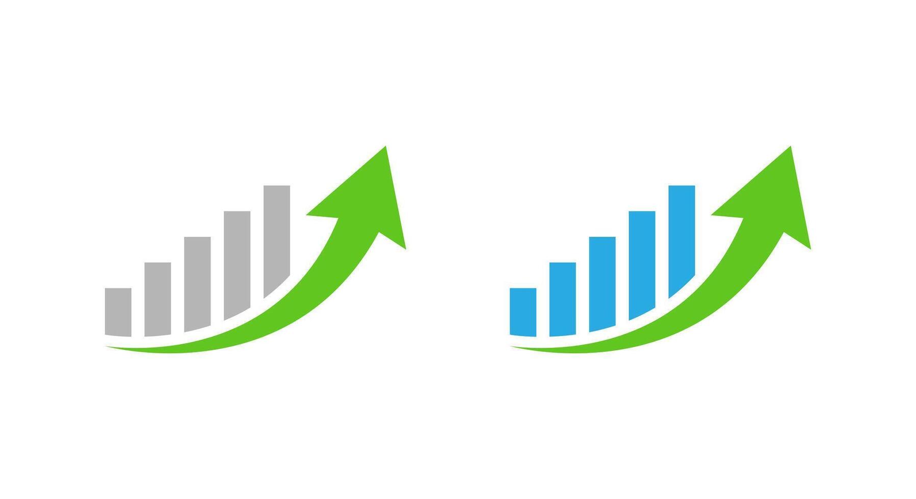 Color bar chart with rising green arrow. Business growth and financial success icon vector