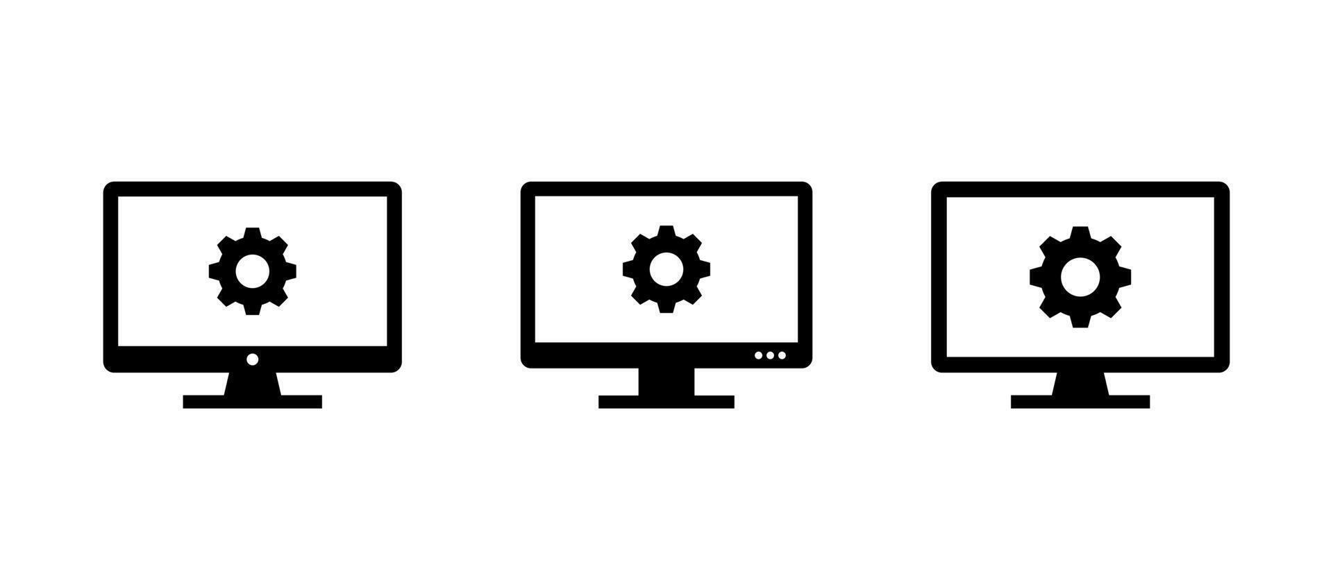 Desktop monitor icon with gear symbol. Computer settings and system configuration concept vector