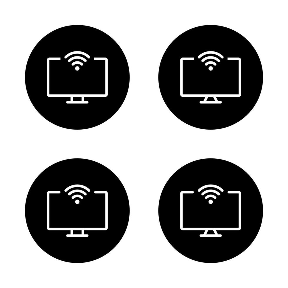 Computer monitor with wifi icon set. Wireless internet connection symbol in black circle vector