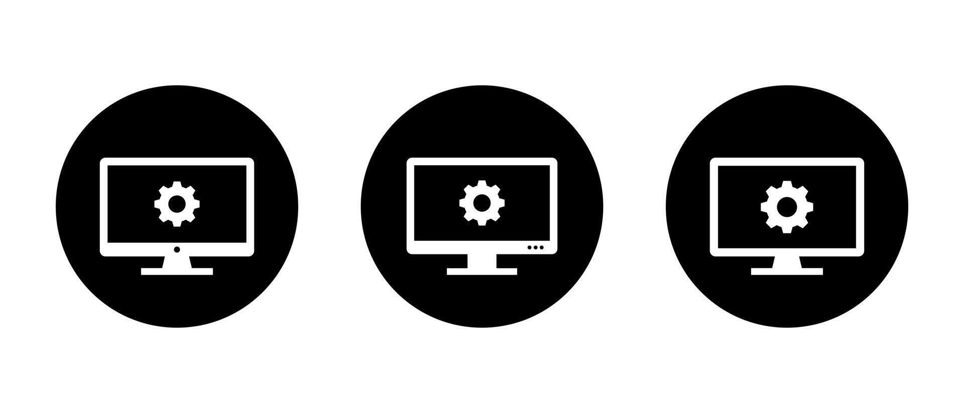 Desktop monitor icon with gear symbol. Computer settings and system configuration concept in black circle vector