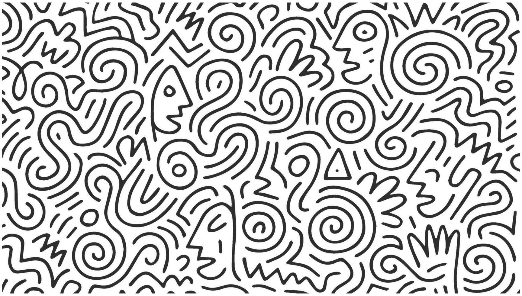 Abstract black line doodle pattern with faces and spirals on white background, isolated on transparent background, vector