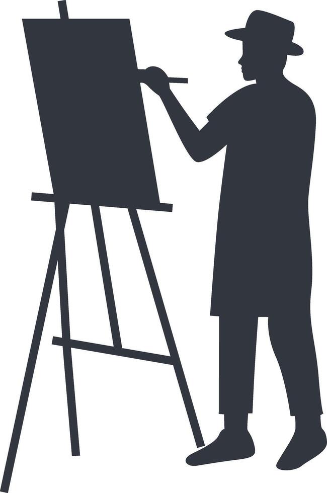 Silhouette of Artist Painting on Canvas. Flat Illustration. vector