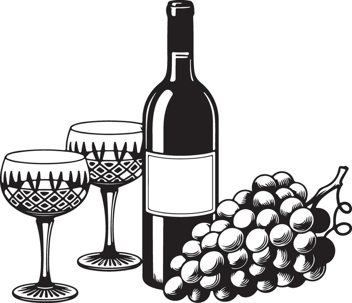 Wine Bottle Glasses and Grapes Line Art vector