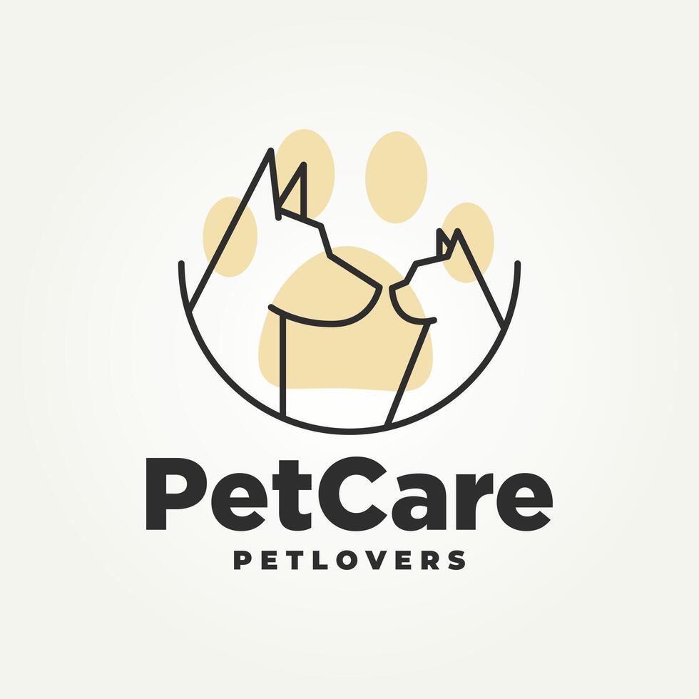 minimalist dog and cat with paw line art icon logo illustration design. simple modern pet lovers and pet care logo concept vector