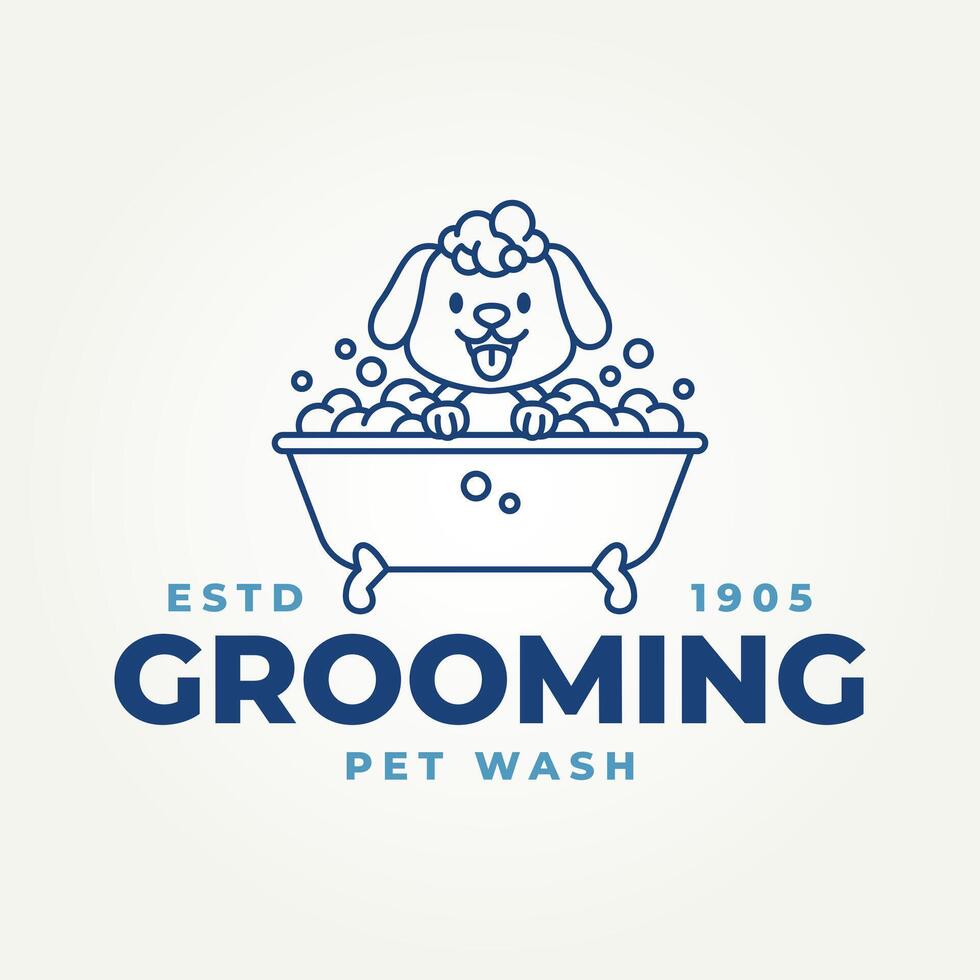minimalist cute dog taking a bath line art icon logo illustration design. simple modern pet salon or pet grooming logo concept vector