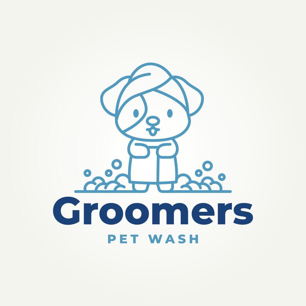minimalist dog wearing a towel line art icon logo illustration design. simple modern pet salon or pet grooming logo concept vector