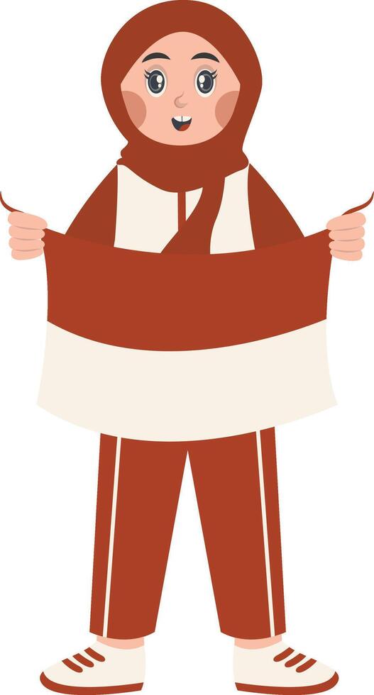 Hijab Girl Holding Indonesian Flag with Cartoon Concept. Isolated on a White Background. vector