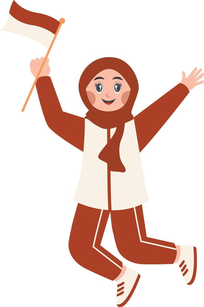 Hijab Girl Holding Indonesian Flag with Cartoon Style vector