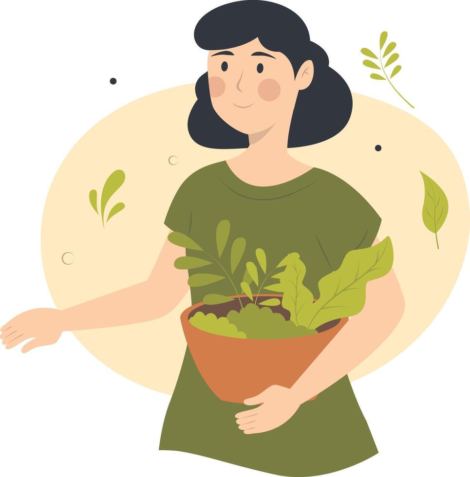 Vegetarian Woman Character with Cartoon Design vector
