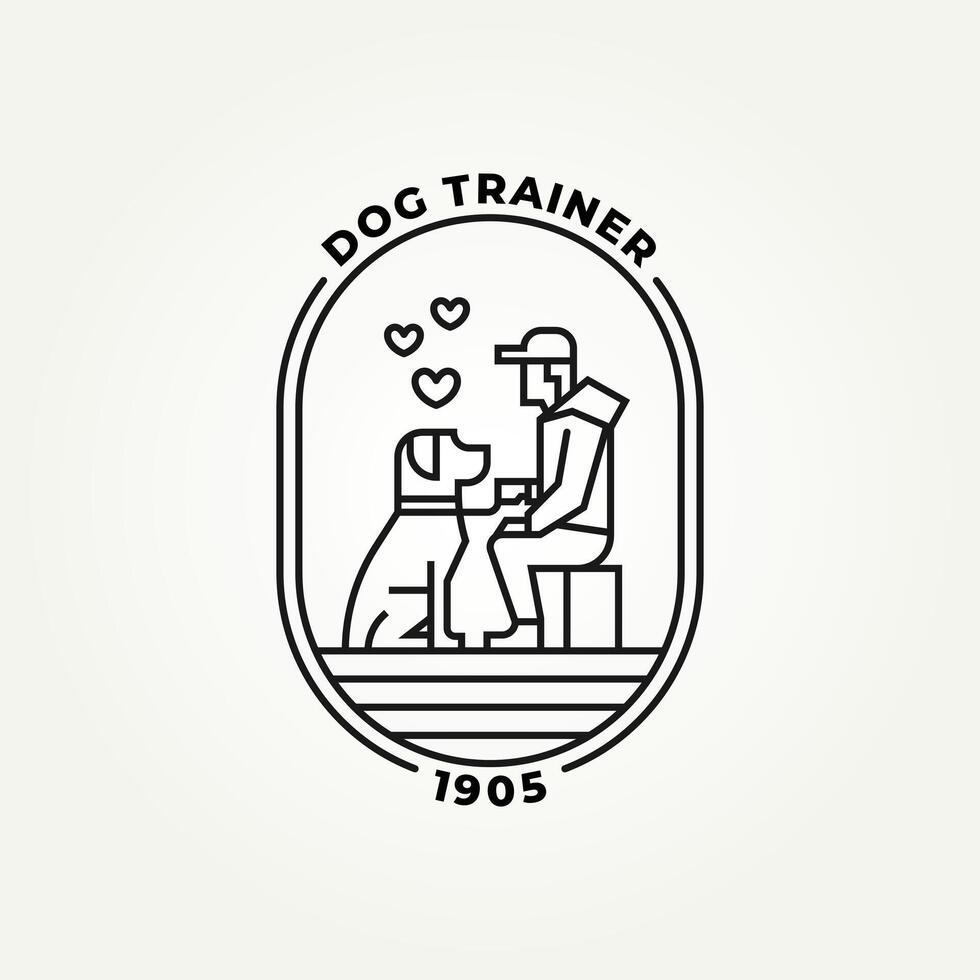minimalist someone training a dog line art badge icon logo illustration design. simple modern dog trainer, dog sitter, dog lover emblem logo concept vector