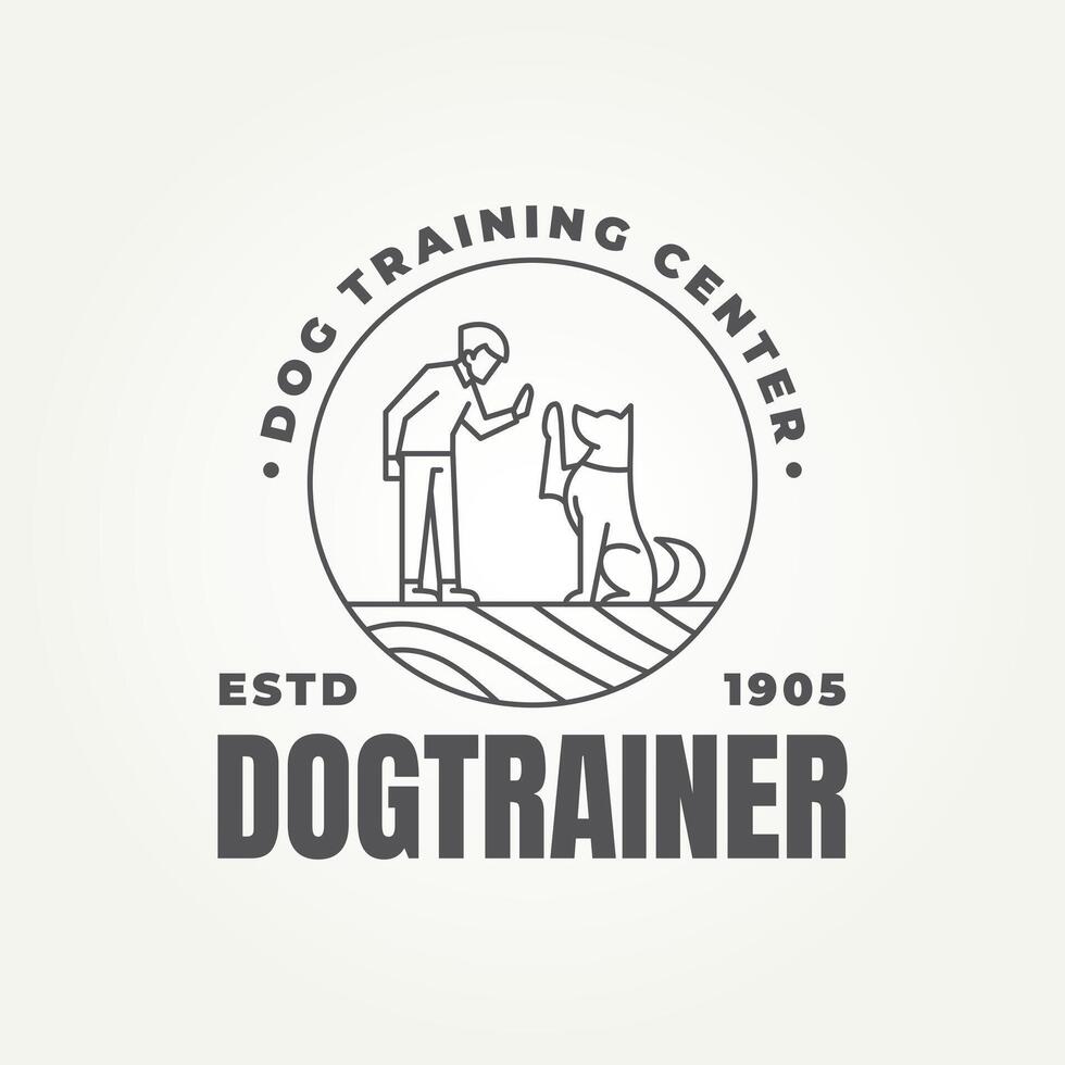 minimalist someone training a dog line art badge icon logo illustration design. simple modern dog trainer or dog sitter emblem logo concept vector