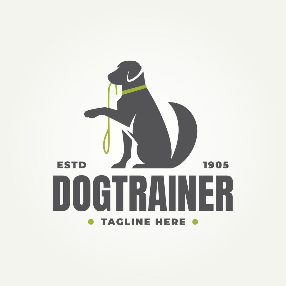 minimalist dog sitting being trained silhouette icon logo illustration design. simple modern dog trainer or dog sitter emblem logo concept vector