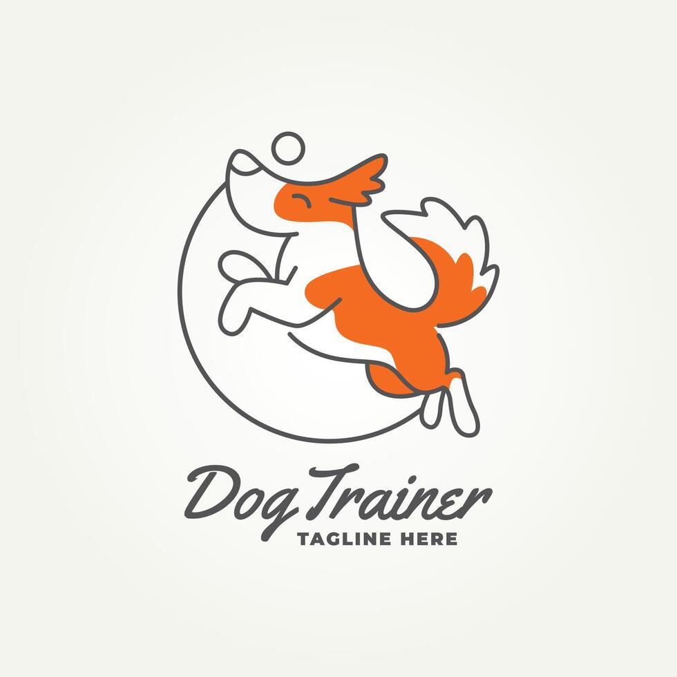 minimalist happy dog jumping playing ball icon logo illustration design. simple modern dog trainer, dog sitter, dog lover emblem logo concept vector