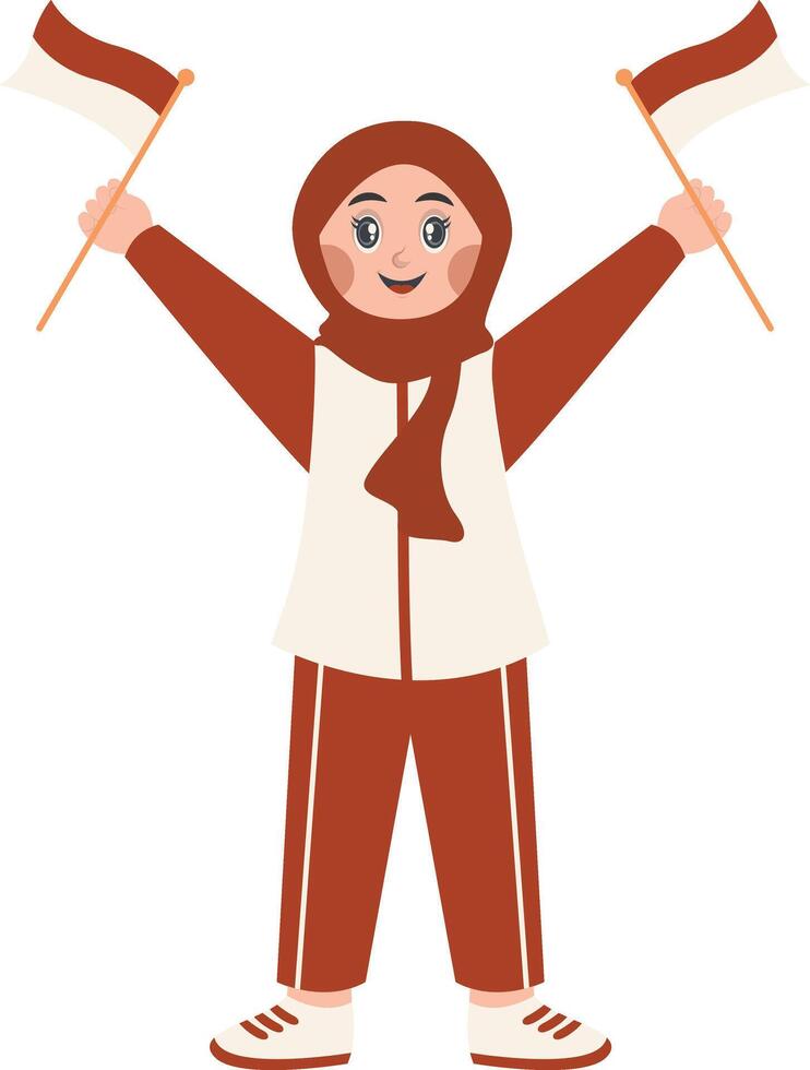 Hijab Girl Holding Indonesian Flag in Cartoon Concept. Isolated on a White Background vector
