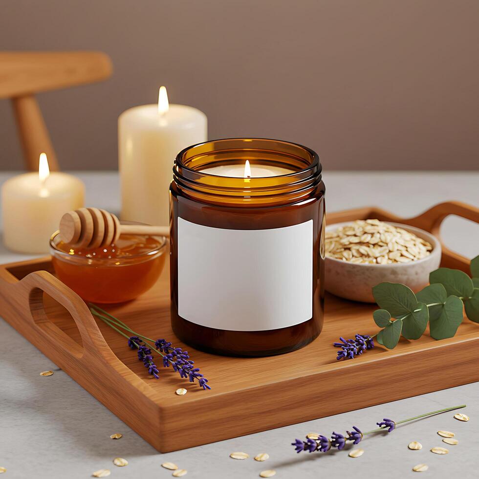 Lavender candle with natural ingredients on tray photo