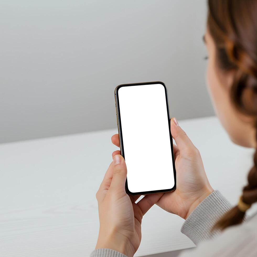 Woman Holding Smartphone Mockup with Blank Screen for App Design photo