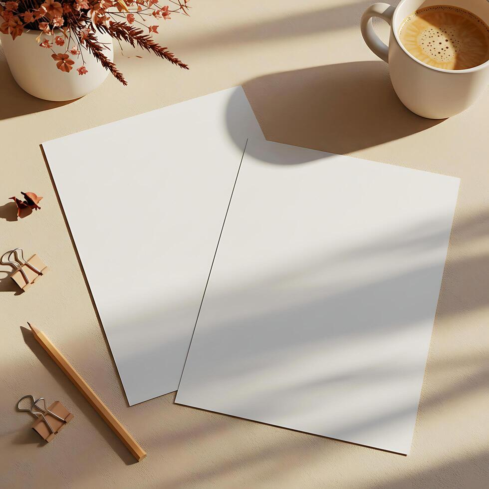 A4 Paper Mockup with Coffee Cup and Stationery photo