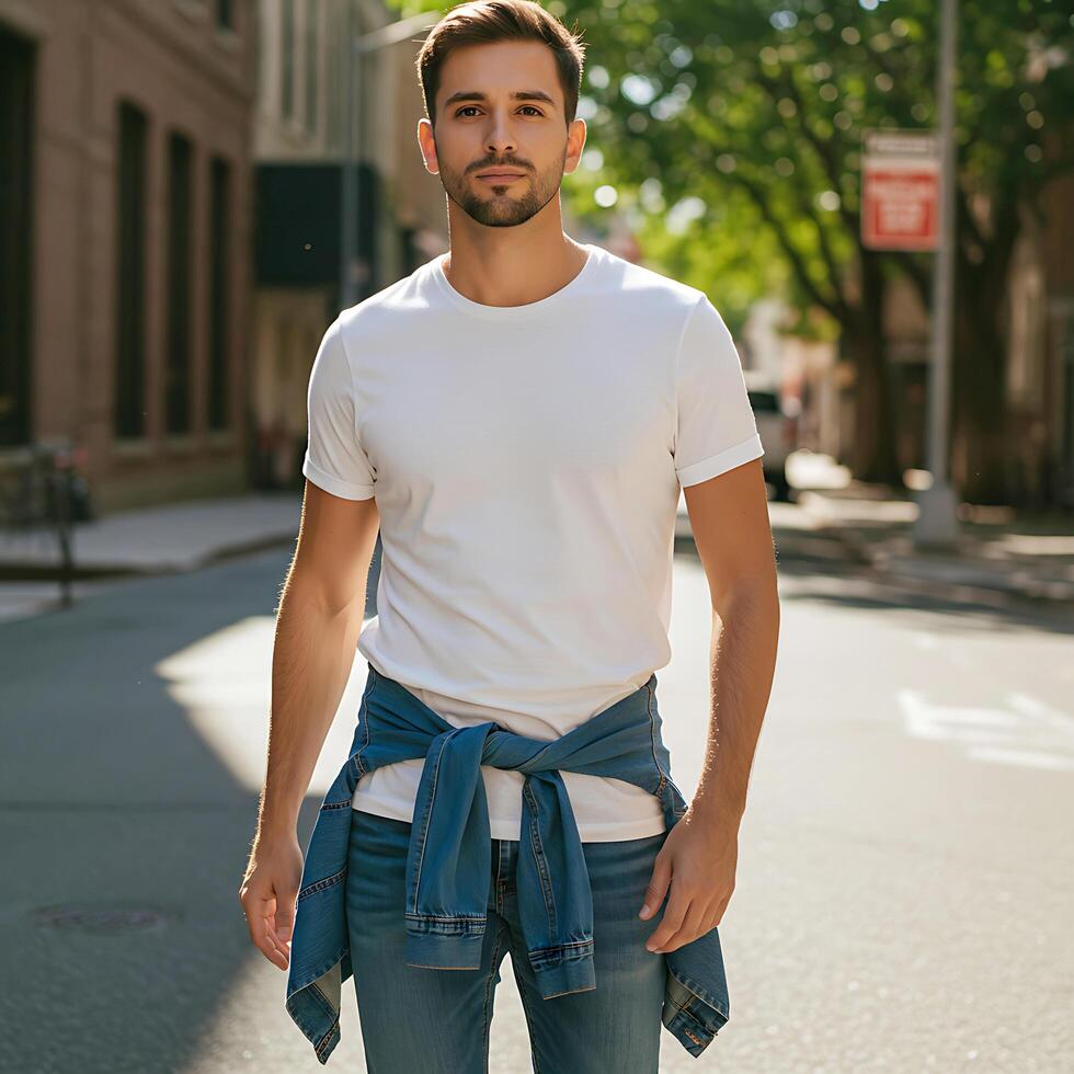 Stylish Young Man in Blank White T-Shirt Mockup on City Street photo