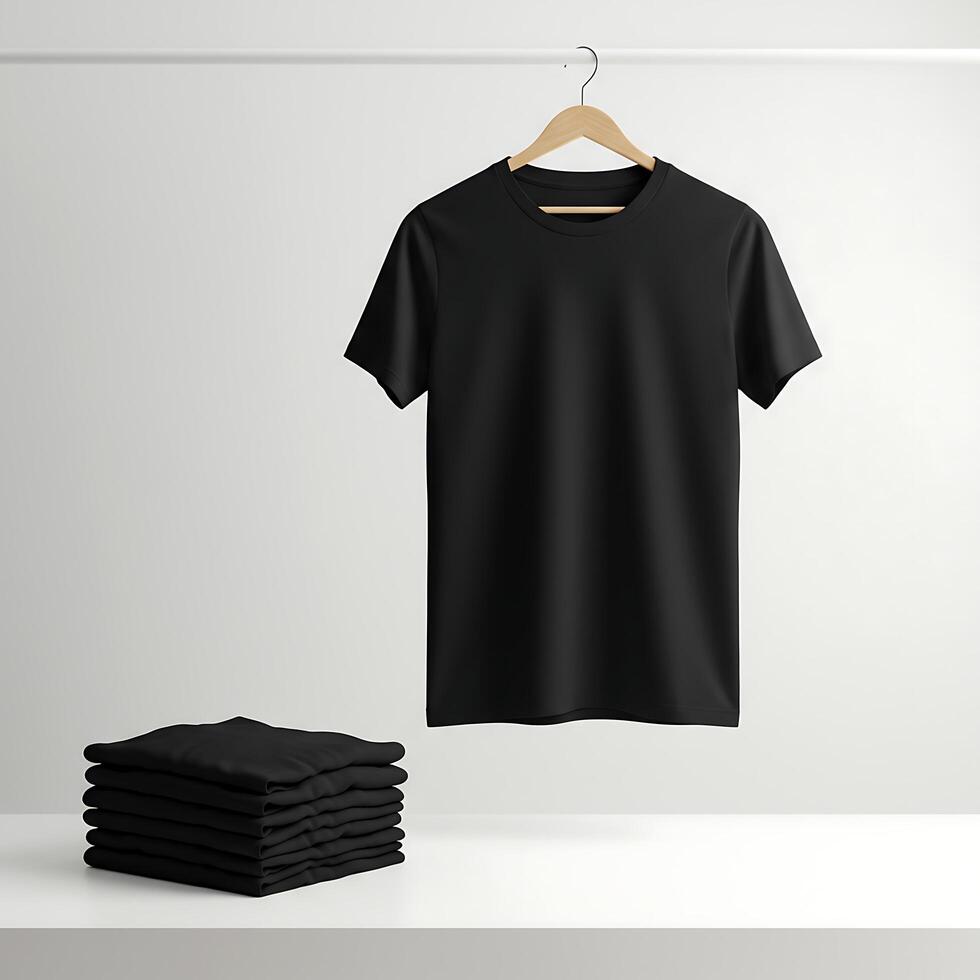 Black T-Shirt Mockup on Hanger with Stack of Folded Tees photo