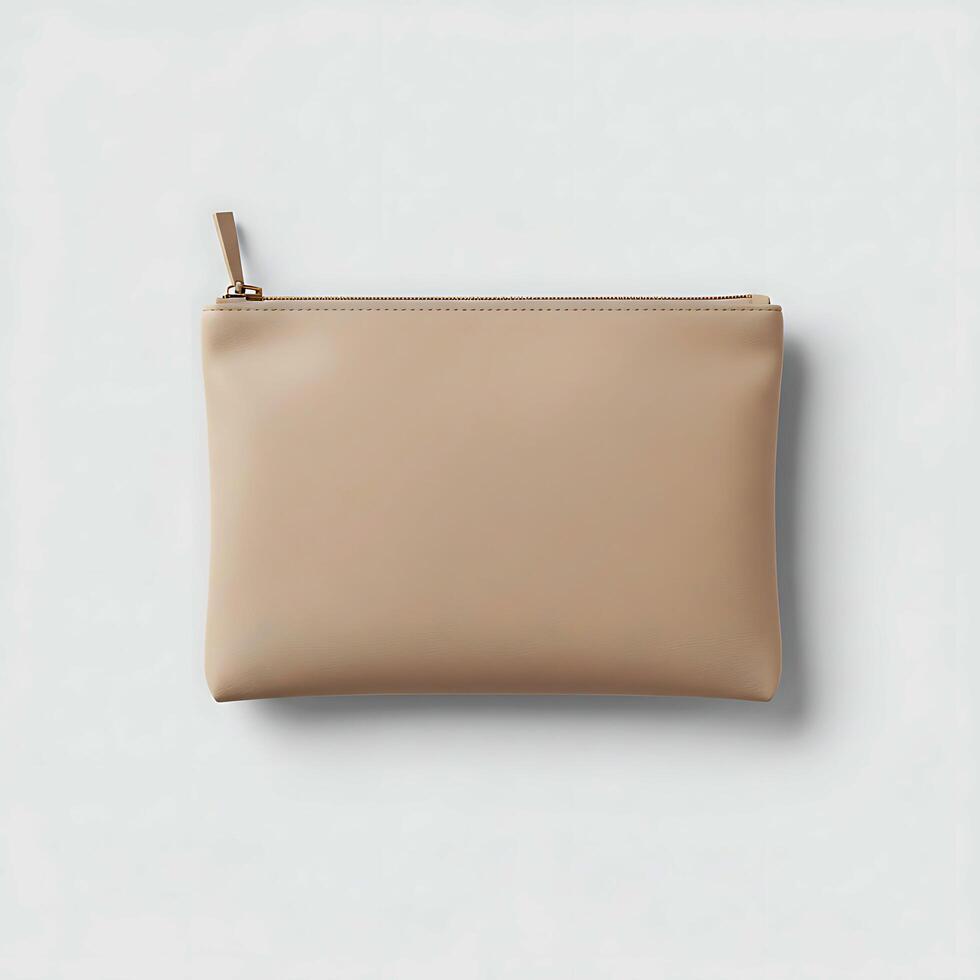 Compact Blank Beige Zipper Pouch Mockup for Cosmetic or Travel Branding With Textile Texture and Realistic Lighting photo