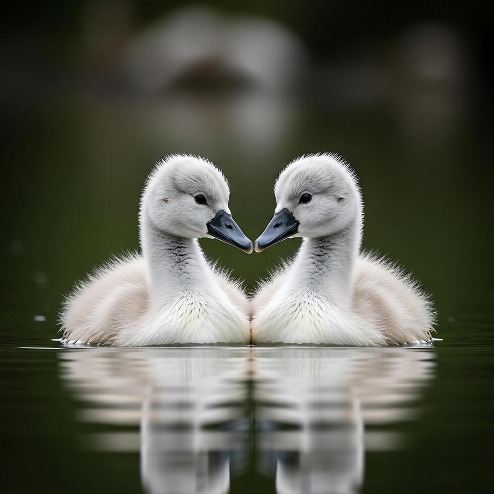 Fluffy Cygnets Swimming in Serene Green Water photo