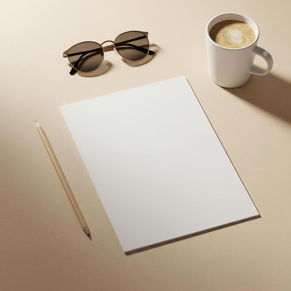 White A4 Paper Mockup with Coffee Cup and Sunglasses photo
