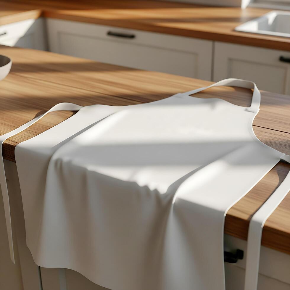 Blank White Apron Mockup on Kitchen Countertop with Sunlight photo