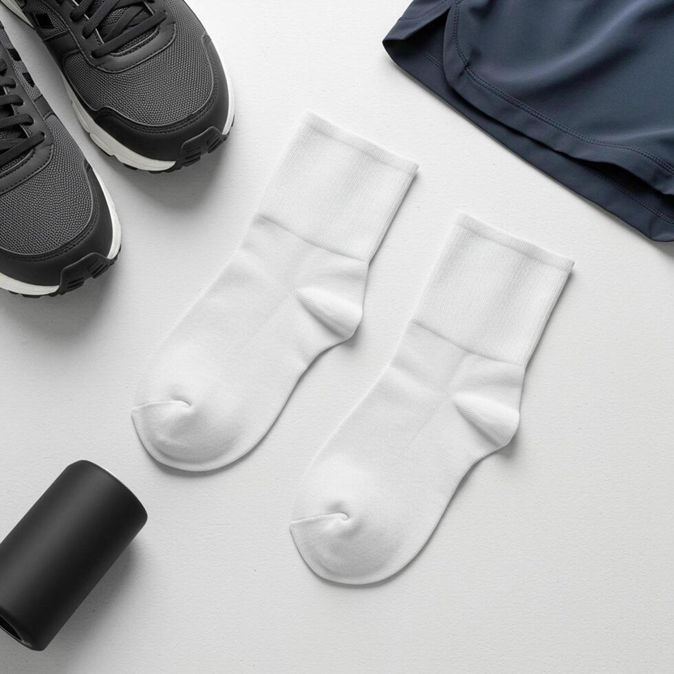 White Ankle Socks Mockup with Running Shoes and Sportswear Flat Lay photo