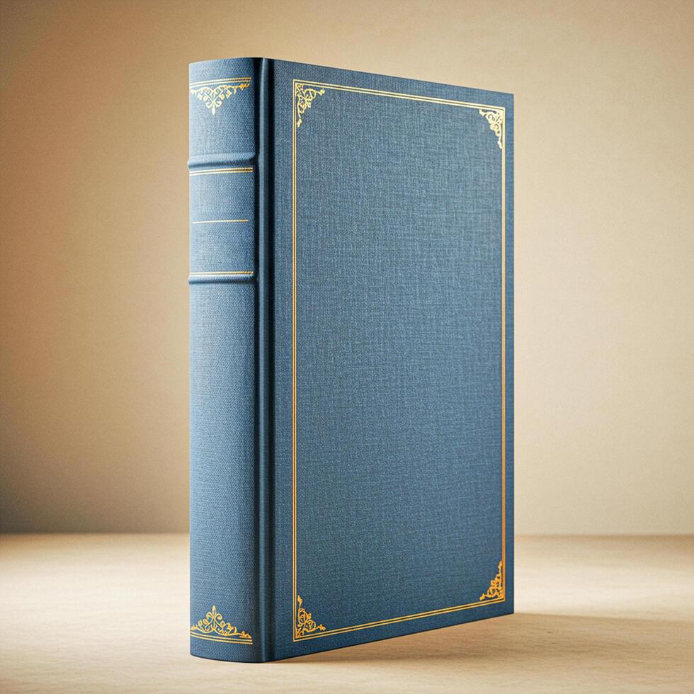 Vintage Blue Hardcover Book Mockup with Gold Ornaments photo