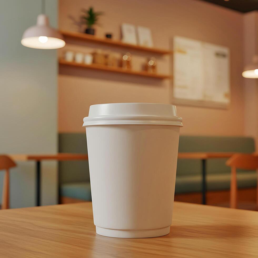Disposable Blank Coffee Cup Mockup on Wooden Table in Cosy Cafe Interior photo