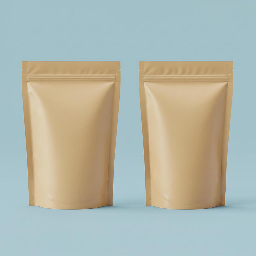 Two Kraft Paper Pouch Mockups on Blue Background photo