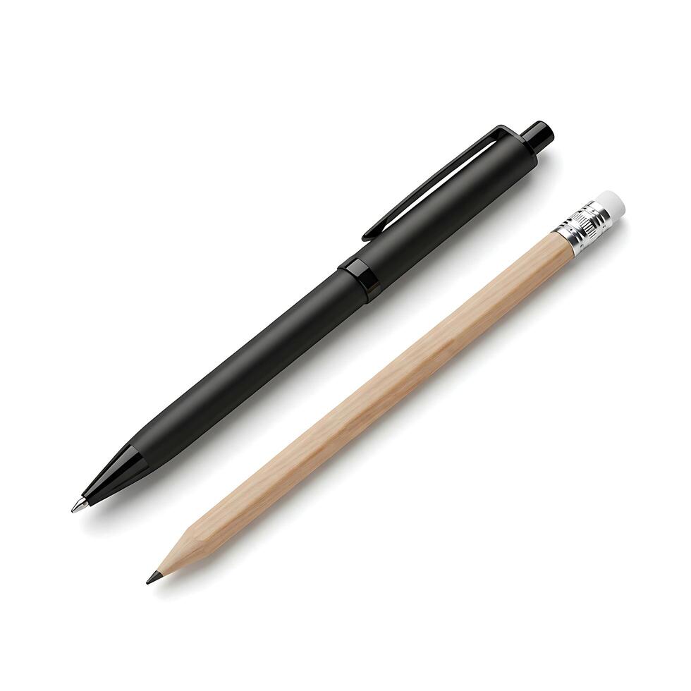 Black Pen and Wooden Pencil Mockup Isolated on White Background photo