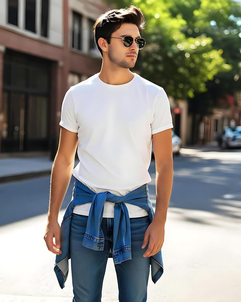 Stylish Young Man in White T-Shirt Mockup Looking Aside on Urban Street photo