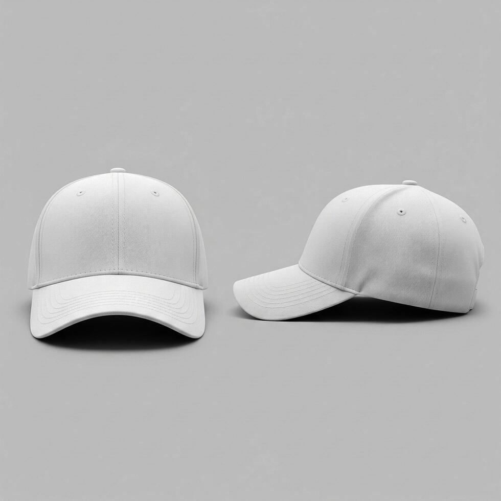 Two White Baseball Cap Mockups on Grey Background photo