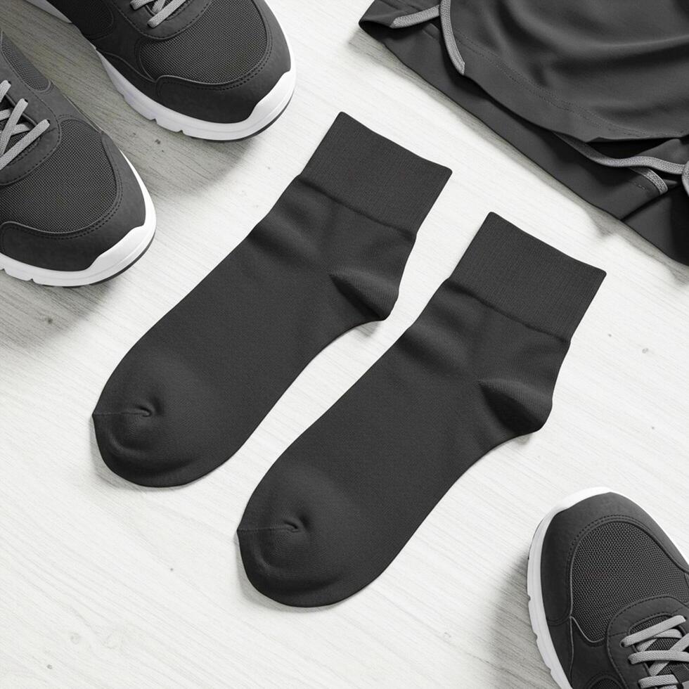 Black Ankle Socks Mockup with Sportswear and Running Shoes Flat Lay photo