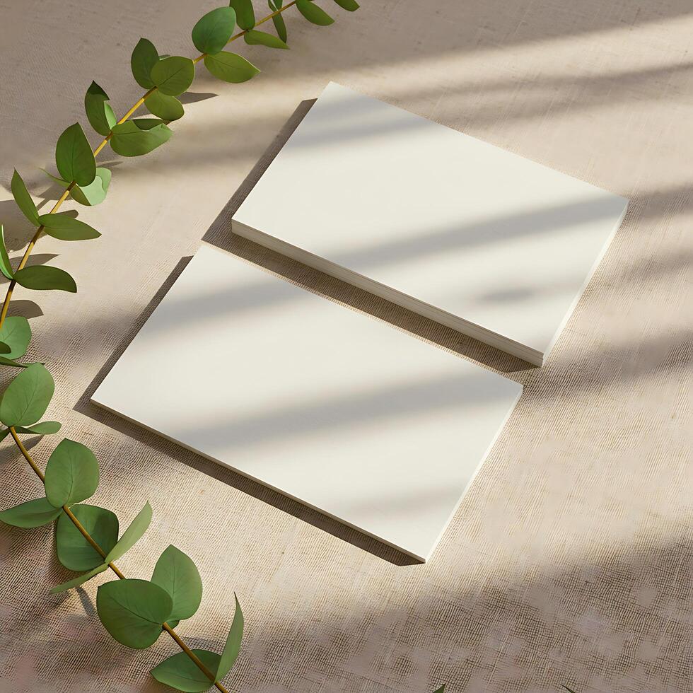 White Business Card Mockup with Eucalyptus Leaves and Sunlight photo