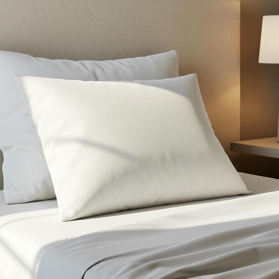 White Pillow Mockup on Bed with Sunlight for Bedroom Decor photo