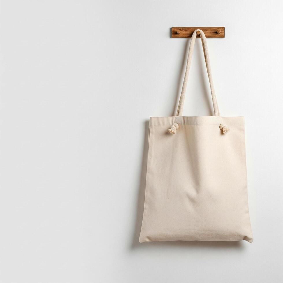 Blank Canvas Tote Bag Mockup Hanging on Wooden Hook photo