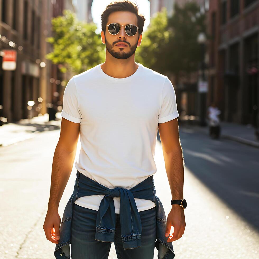 Young Man in White T-Shirt Mockup Walking on Urban Street photo
