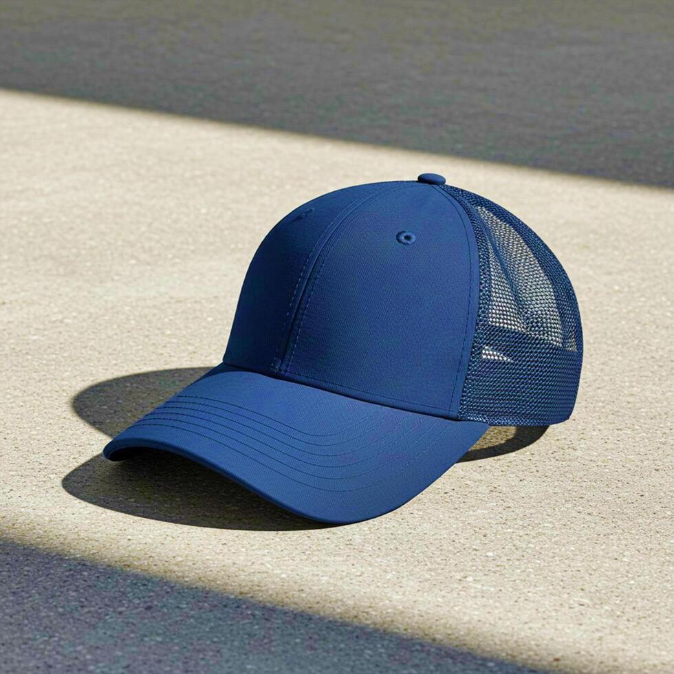 Blue Trucker Hat Mockup on Concrete with Sunlight and Shadows photo