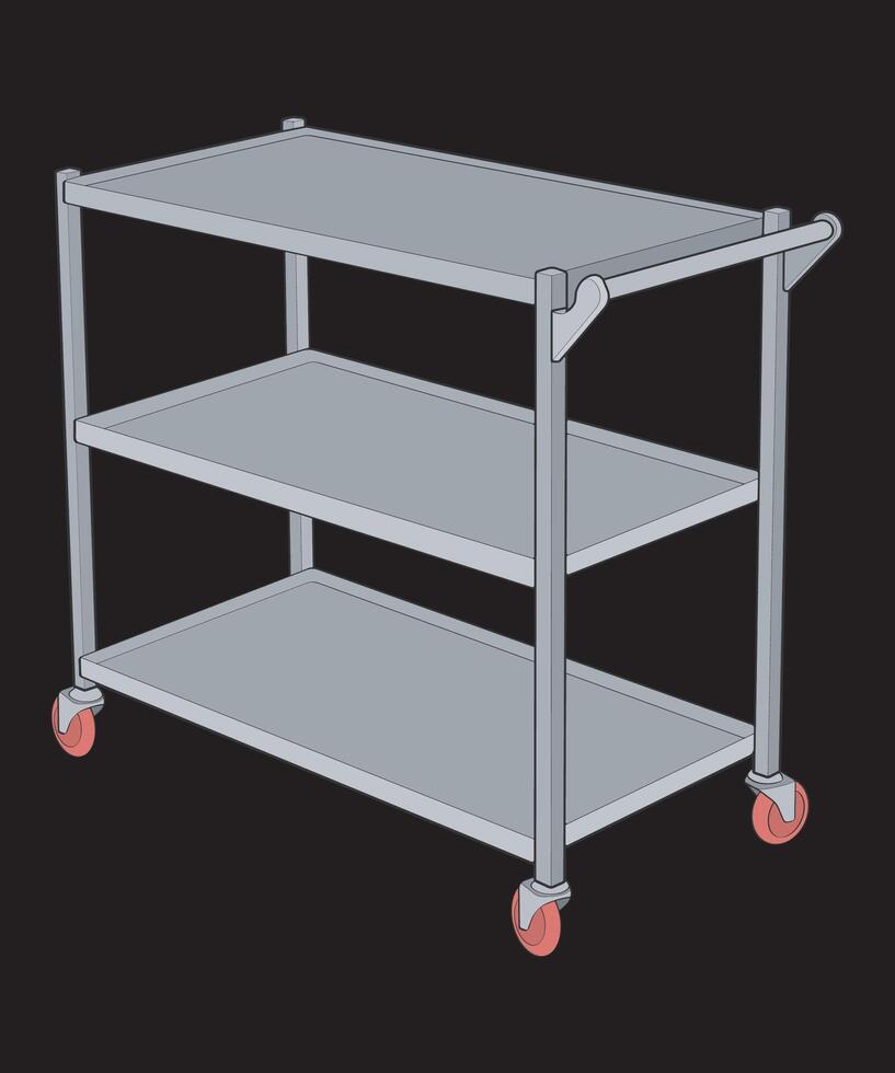 a three tier metal cart with wheels on a black background vector