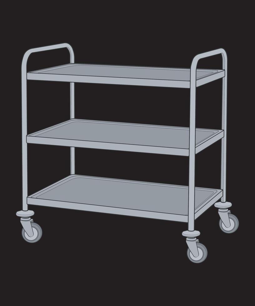 a three tier metal cart with wheels on a black background. vector