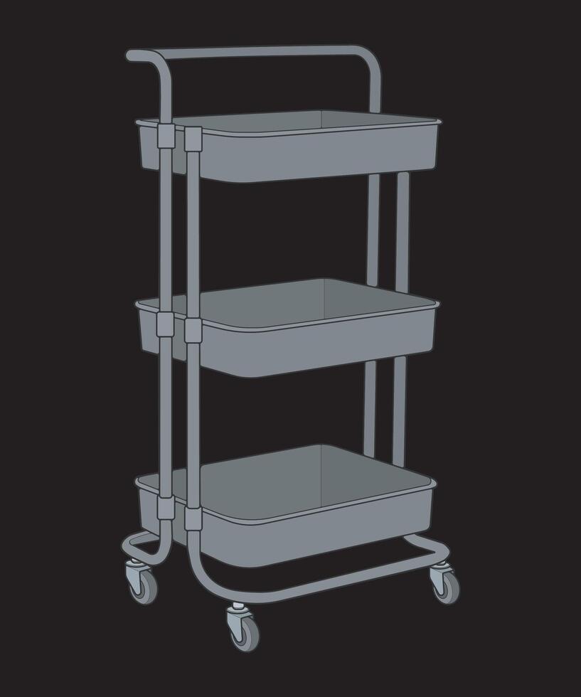 a three tiered trolley with wheels on a black background vector