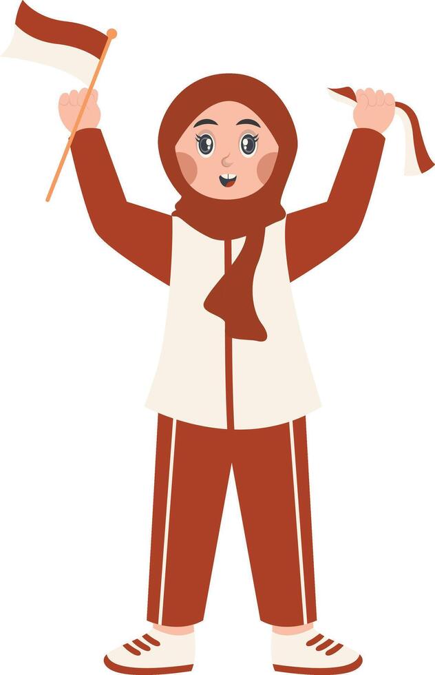 Hijab Girl Holding Indonesian Flag with Cartoon Design. Isolated on a White Background vector