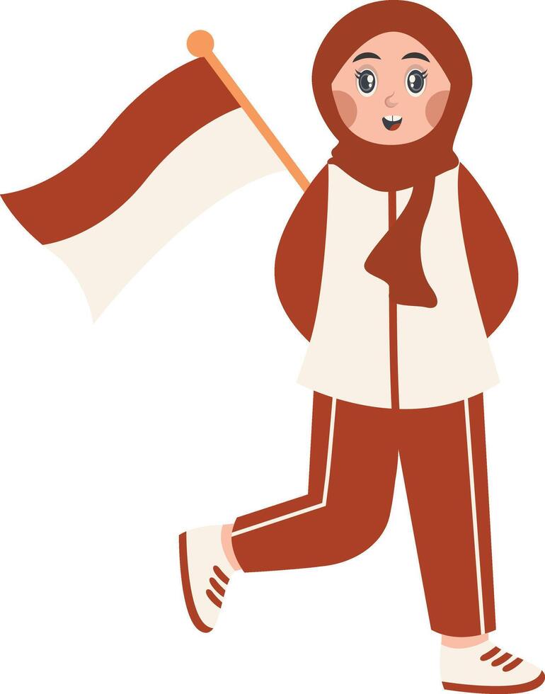 Hijab Girl Holding Indonesian Flag with Cartoon Style. Isolated on a White Background. vector