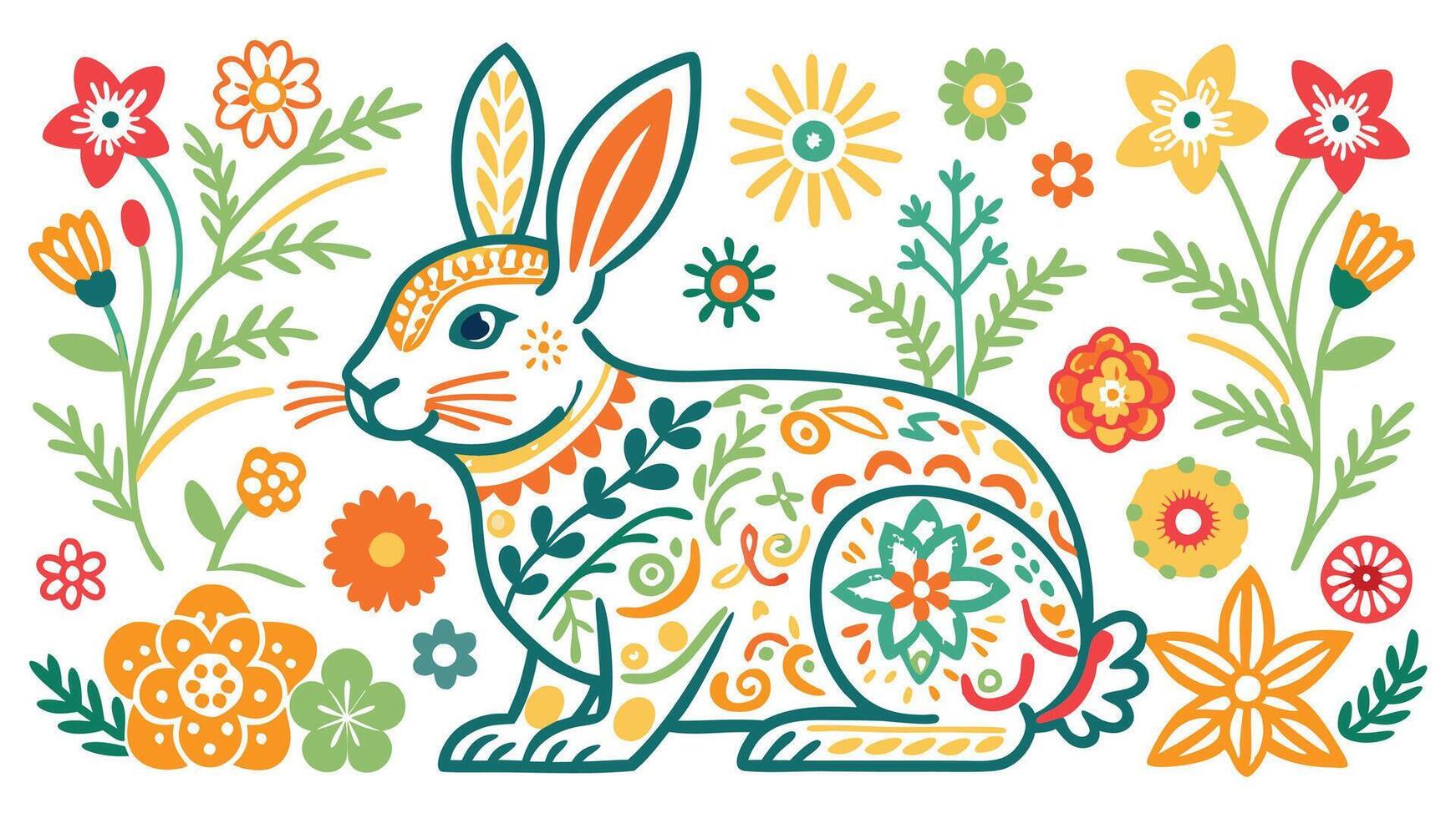 Rabbit flowers and leaves illustration for your design. vector