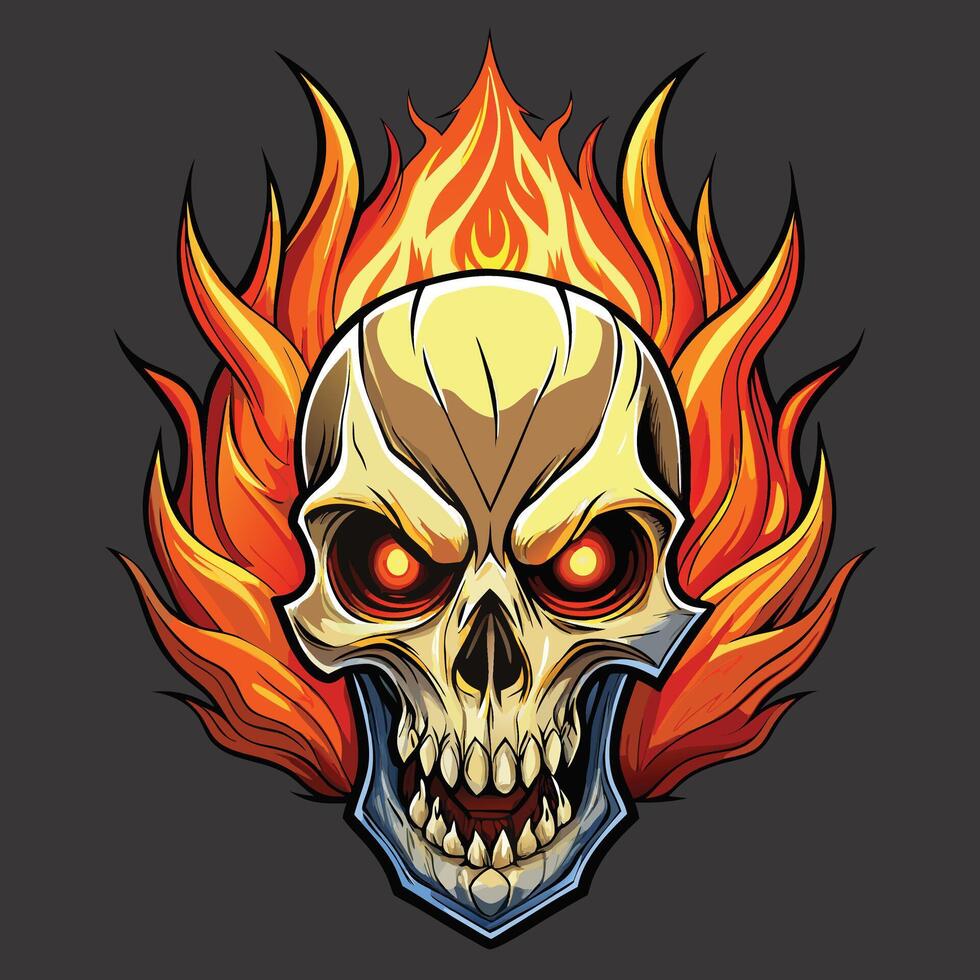 Skull art illustration with flames, black background. vector