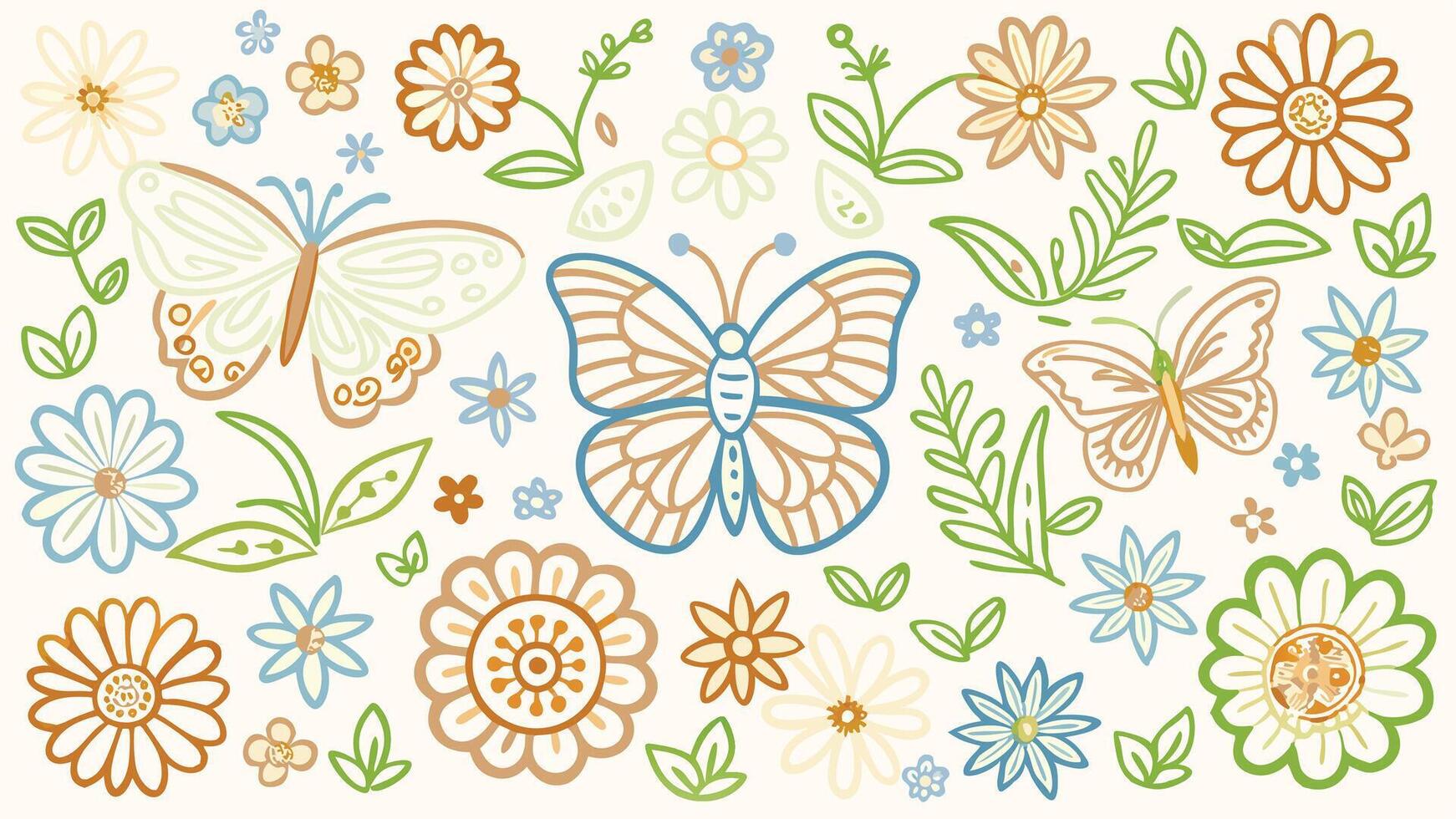 a colorful set of flowers and butterflies vector